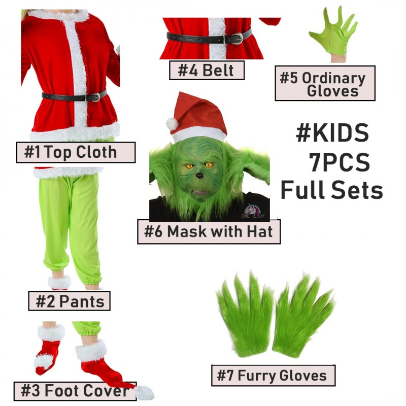 Christmas Adult Grinch Costume Kids Santa Claus Costume Men And Women 7 Pcs  Costume Set Including Mask-x