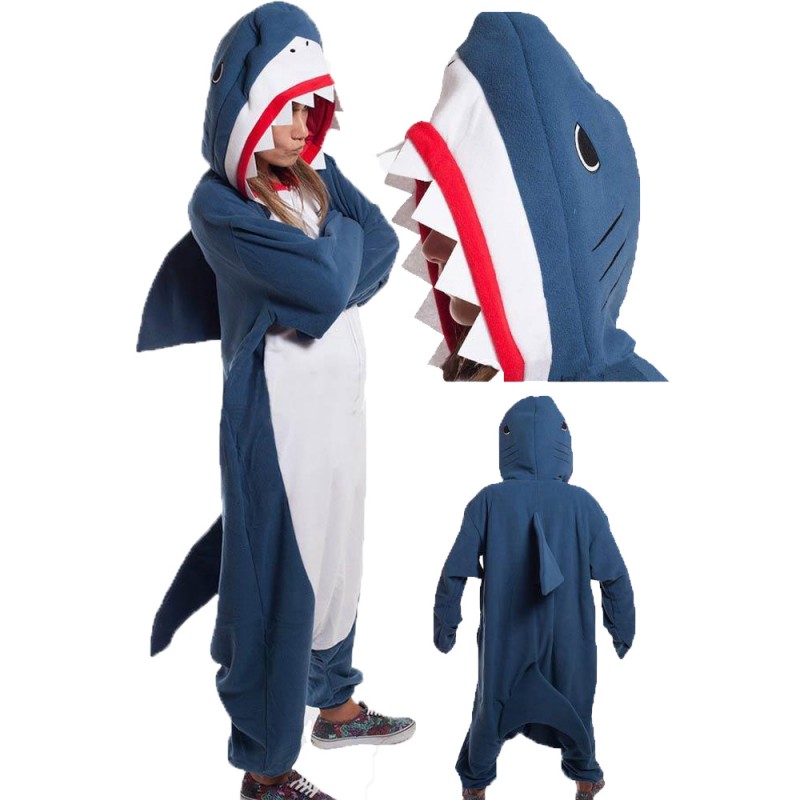 Kigurumi New Animal Unisex Adult Blue Shark Onesie Pajamas Cartoon Soft  Fleece Halloween Family Party Costumes