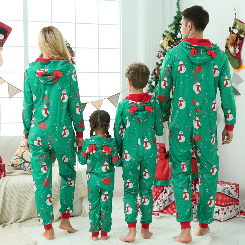 Family Matching Christmas Pajamas Snowman Printing Hooded Adult