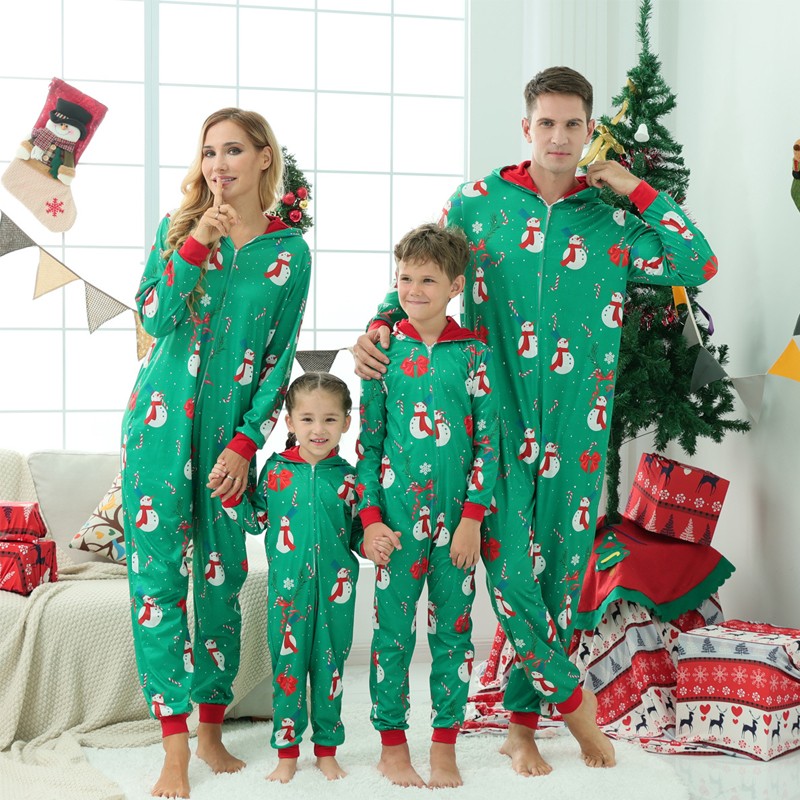 Family Matching Christmas Pajamas Snowman Printing Hooded Adult Pajama  Onesie