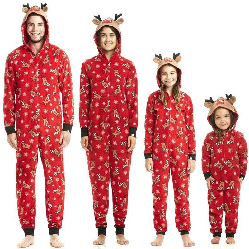 Matching Family Pajamas Christmas Jumpsuit One Piece Elk Hoodie Pajama Set
