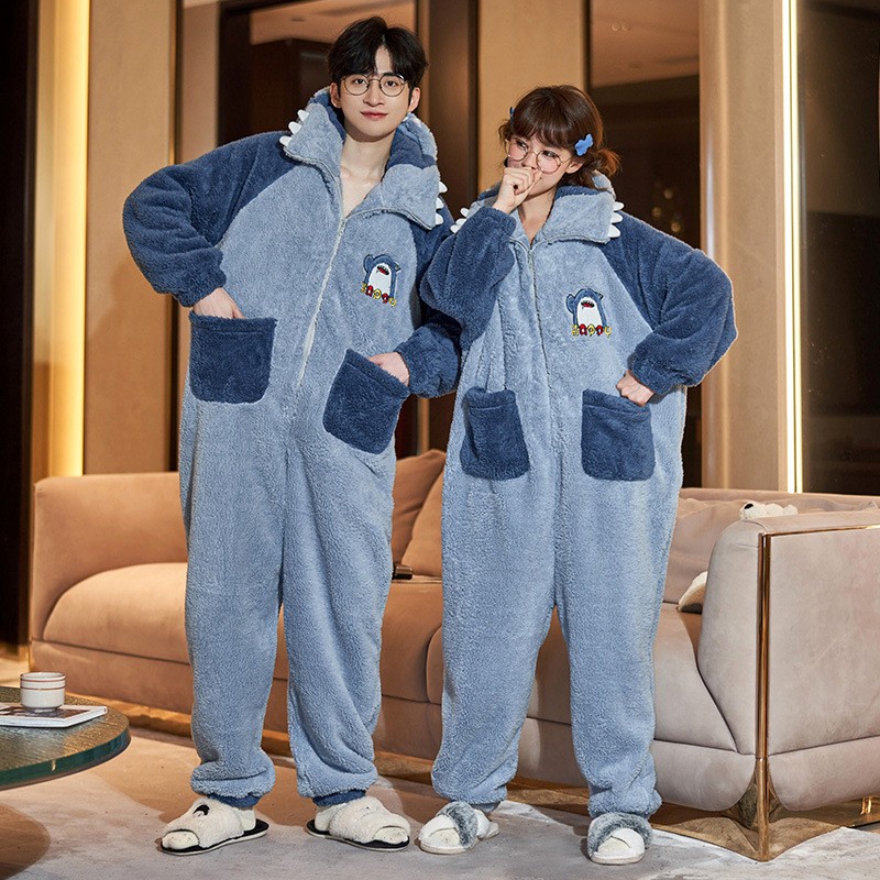 Cartoon Shark Plush Hooded Jumpsuit Pajamas Onesies for Couples