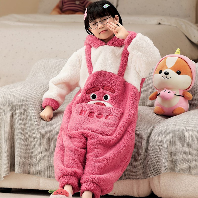 Kids Strawberry Bear Sleepwear Cartoon Onesie Pajamas