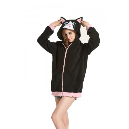 Black Cat Animal Kigurumi Fleece Hoodie Coat Jacket
