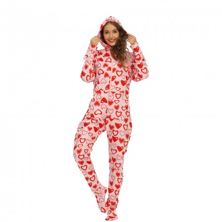 Adult Women Footed Onesie One-Piece Pink Pajamas with Hood Zip Up