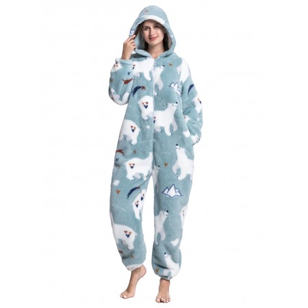 Women Soft Flannel Sleepwear Onesie Pajamas Warm Holiday Hooded Jumpsuit Zip Front Polar Bear Print