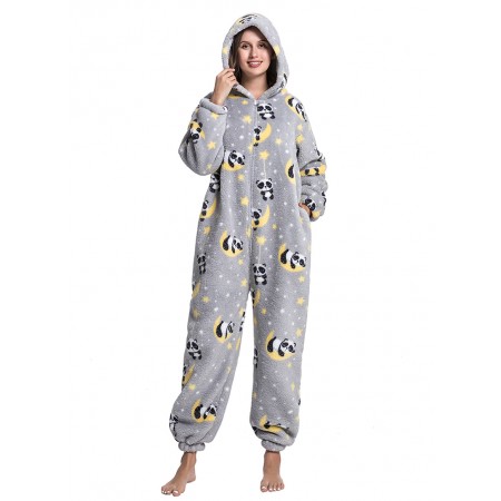 Women Soft Flannel Sleepwear Onesie Pajamas Warm Holiday Hooded Jumpsuit Zip Front Polar Panda Print