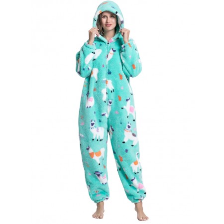 Women Soft Flannel Sleepwear Onesie Pajamas Warm Holiday Hooded Jumpsuit Zip Front Polar Alpaca Print