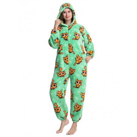 Women Soft One Piece Pajamas Sleepwear Holiday Hooded Jumpsuit Zip Front Polar Cat Print