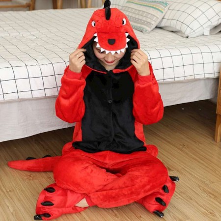 Red Dinosaur Onesie for Adults Flannel Halloween Costumes