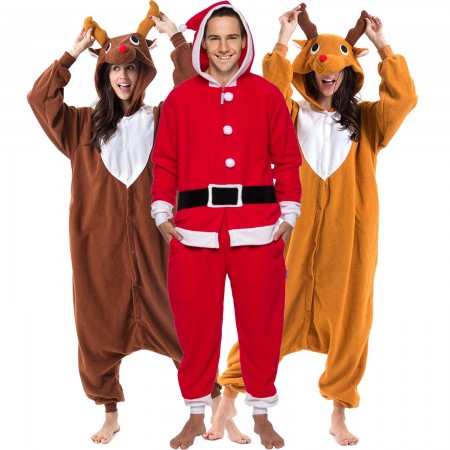 Christmas Matching Santa Claus & Reindeer Onesie Jumpsuit Costume For Men & Women Unisex Style