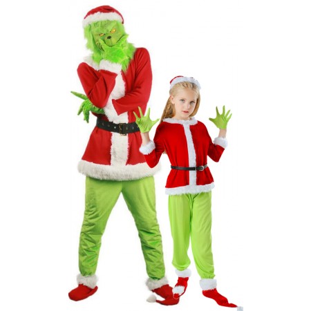 Christmas Grinch Costume for Adult & Kids Green Monster Outfit Full Sets