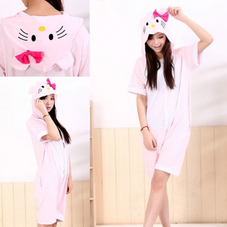 Pink KT Cat Pajamas Animal Onesie Hoodie Costume Kigurumi Short Sleeve
