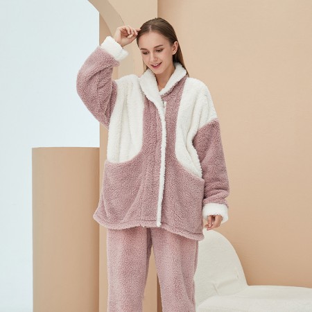 Women Winter Loungewear Mixed Color Pajamas Flannel Nightwear