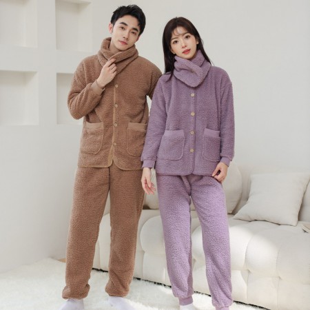 Winter Flannel Pajamas Solid Color Loungewear Matching Pjs for Couples