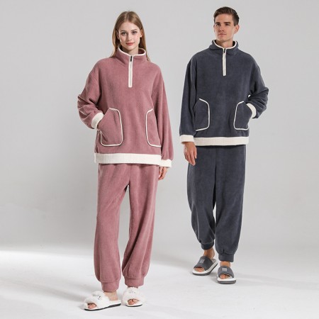 Womens Flannel Pyjama Pants Lounge Set Stand Collar Mens Sleepwear Set