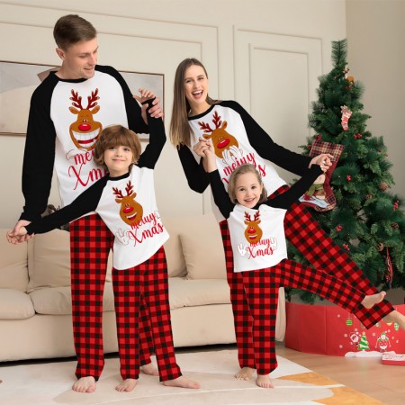 Family Christmas Pajamas 2022 Deer Printed Top + Plaid Pants Matching Pjs