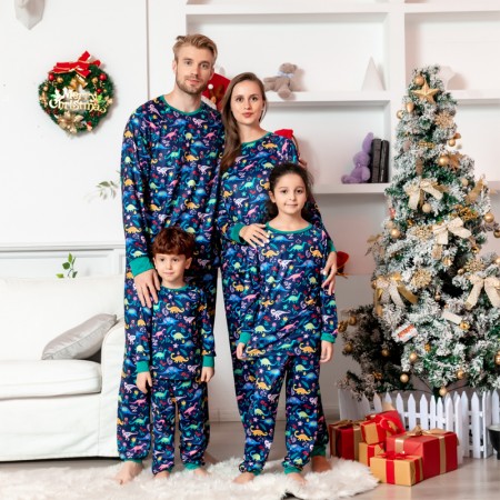 Family Christmas Pajamas Cartoon Dino Printed Couples Lounge Set