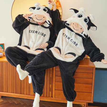 Couples Pajamas Winter Hoodies Jumpsuit Cow One-piece Homewear