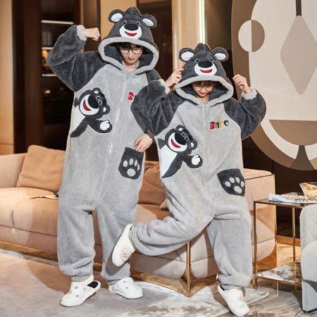 Bear Plush Hooded Pajama Warm Matching Jumpsuit Pjs