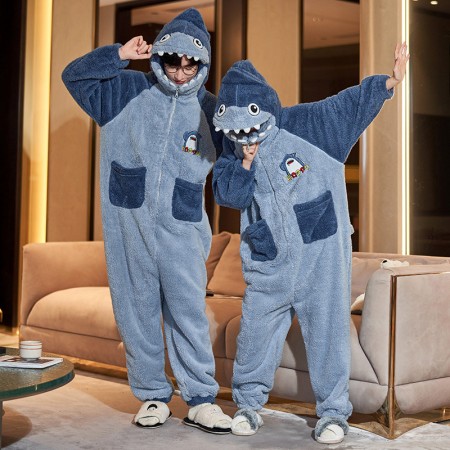 Cartoon Shark Onesie Plush Hooded Jumpsuit Pajamas Onesies for Couples