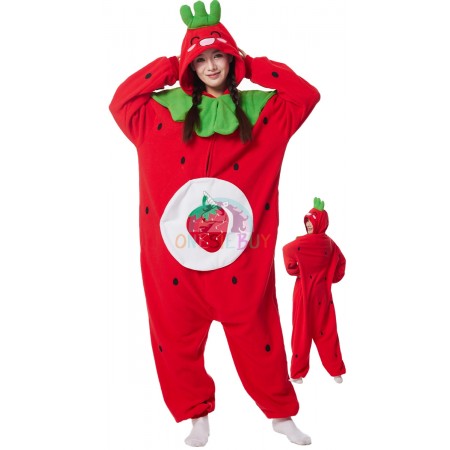 Adult Strawberry Costume Onesie Fruit Pajamas Loungewear Party Suit Outfit for Women & Men