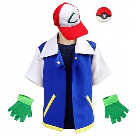 Ash Ketchum Costume Cosplay Jacket Halloween Outfit Party Suit For Adults & Kids