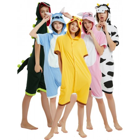 Adult Pikachu/Dinosaur/Stitch/Cow Onesie Summer Pajamas Short Sleeve Jumpsuit